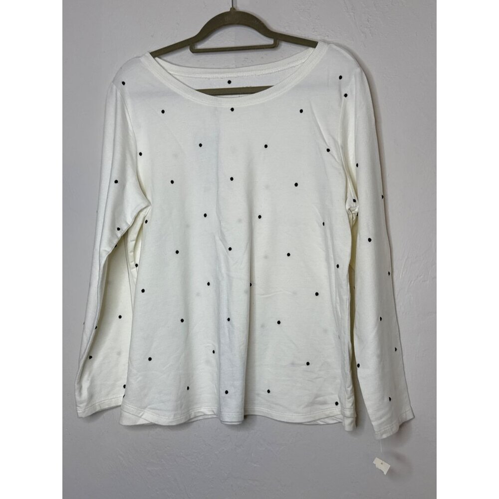 Talbots White Black Embroidered Polka Dot‎ 100% Cotton Boat Neck Top Large NWT